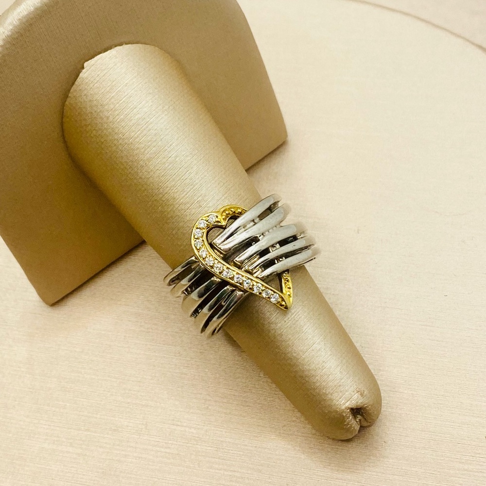 Sonia Bitton 925 Sterling Silver & 14k Yellow Gold Diamond Heart Ring - EUC